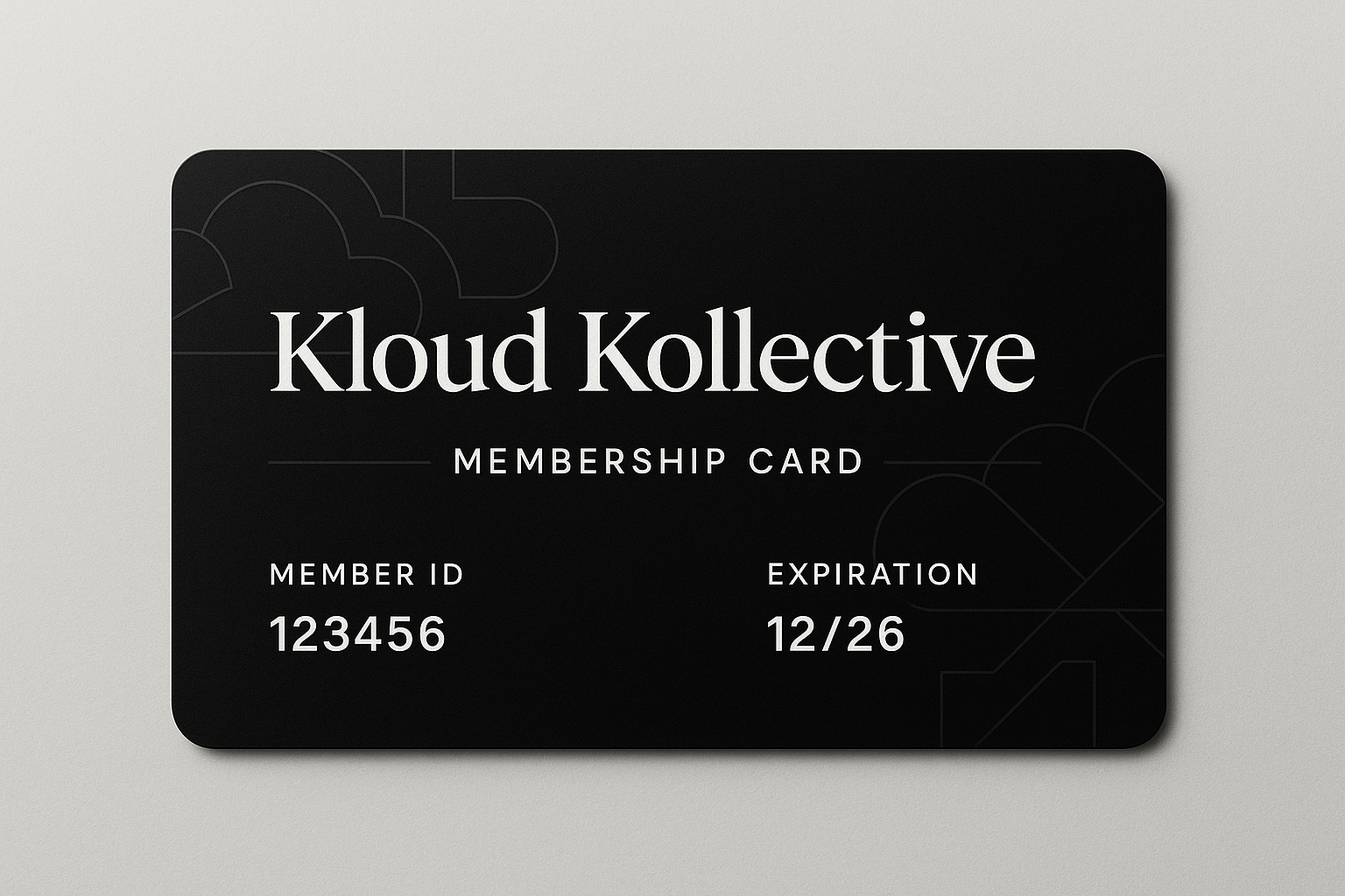 make it kloud kollective membership cards balck and font will be in white
